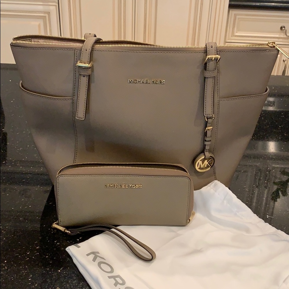 Michael Kors Large Taupe Tote and Matching Wallet